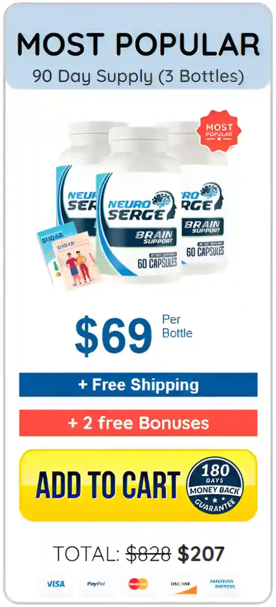 Neuro Serge 3-bottle bundle with bonus gifts, supporting memory, focus, and cognitive health